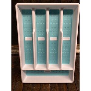 Silverware Utensil Organizer 5 Compartment White Light Blue With Cutlery Icons